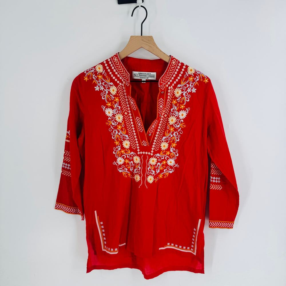 J. Peterman Embroidered Cotton‎ Tunic Top Red-Orange Boho Peasant Style Small